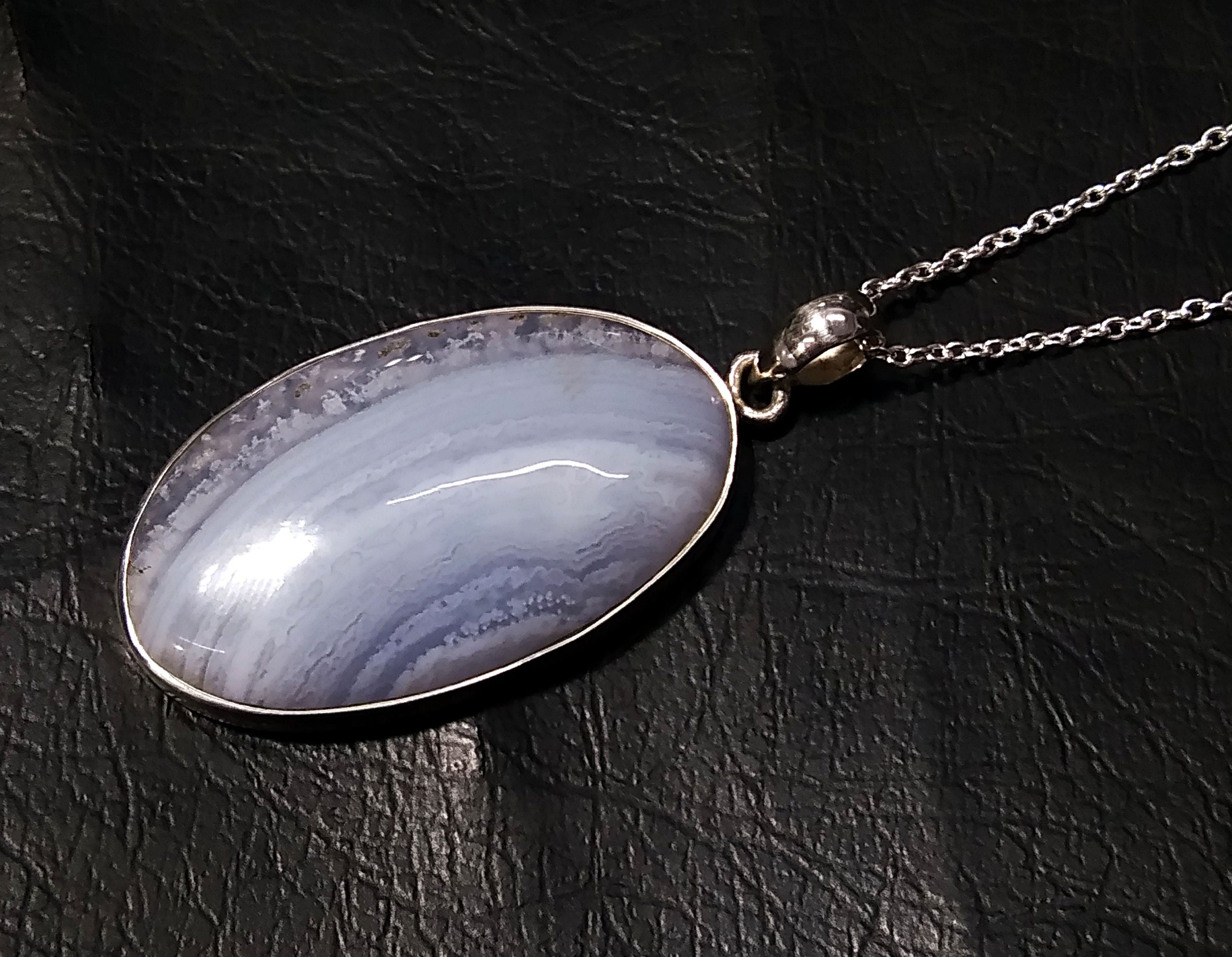 Natural Blue Lace Agate Gemstone Pendant, 925 Starling Silver Pendant Chain Necklace, Handmade Jewelry Stone Size 37x21 mm Gift Pendant